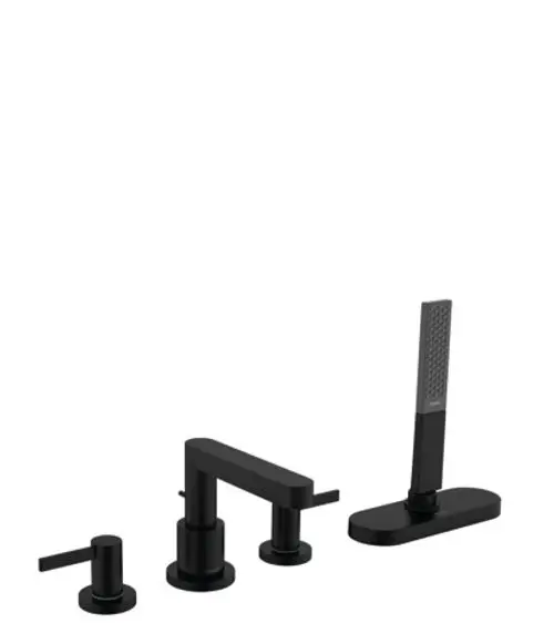 Hansgrohe Armatur mit vier Komponenten in mattschwarz. Enthält einen Wasserhahn, zwei Steuerhebel und eine Handbrause mit flachem Griff und strukturiertem Spraykopf.